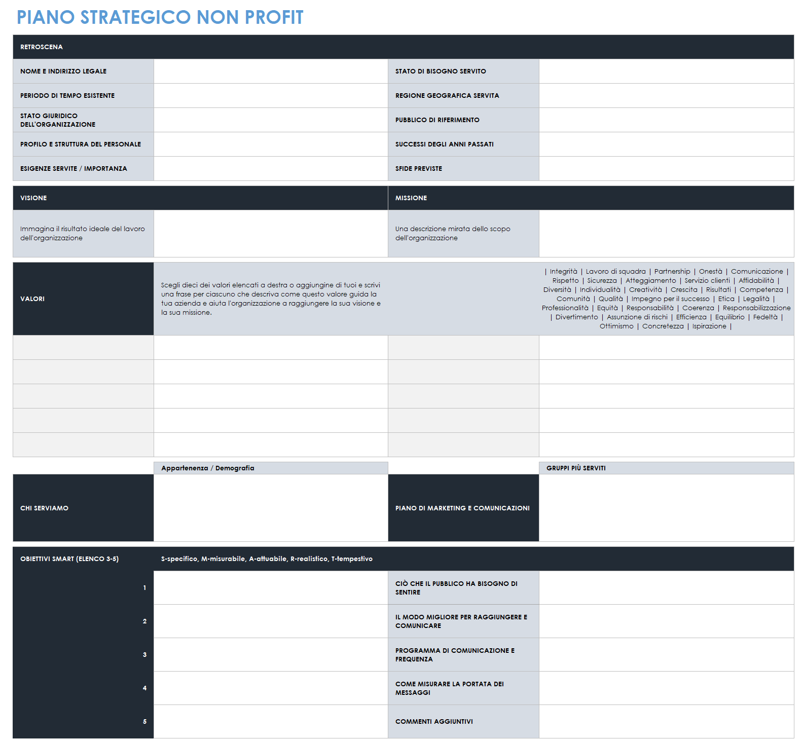 Modello di piano strategico senza scopo di lucro