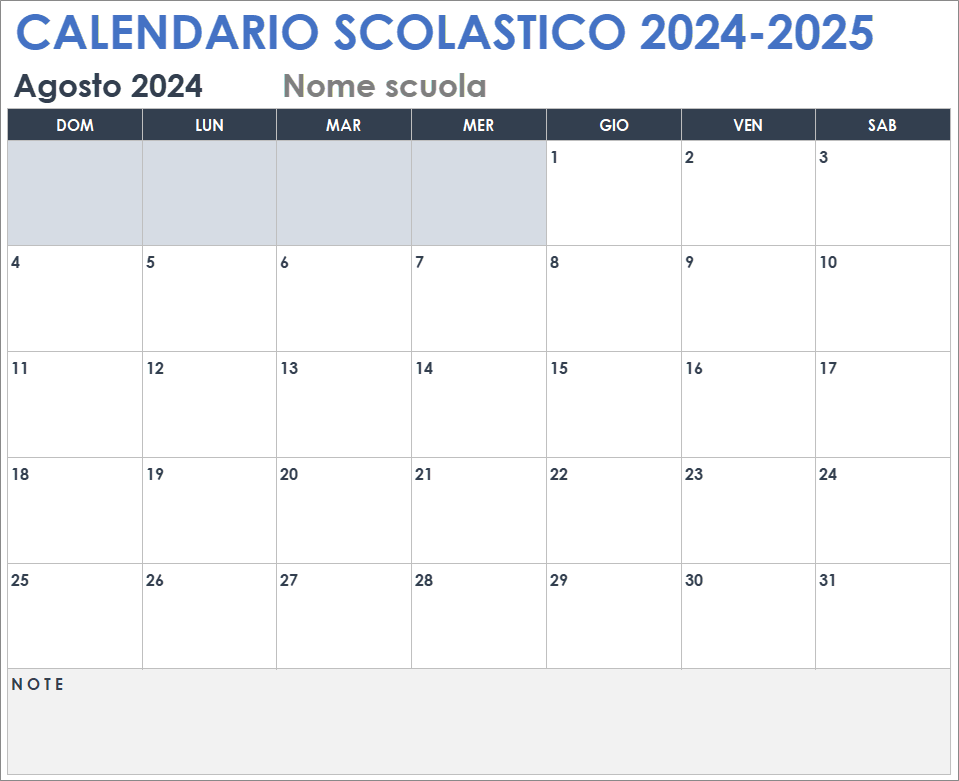  Modello di calendario scolastico 2024-2025