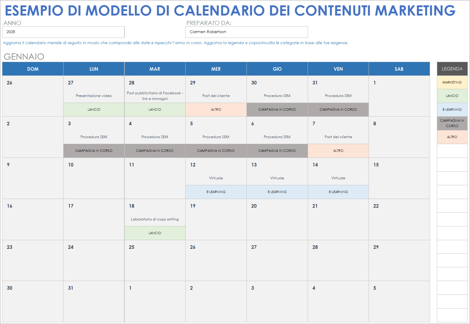  Modello di esempio di calendario dei contenuti di marketing