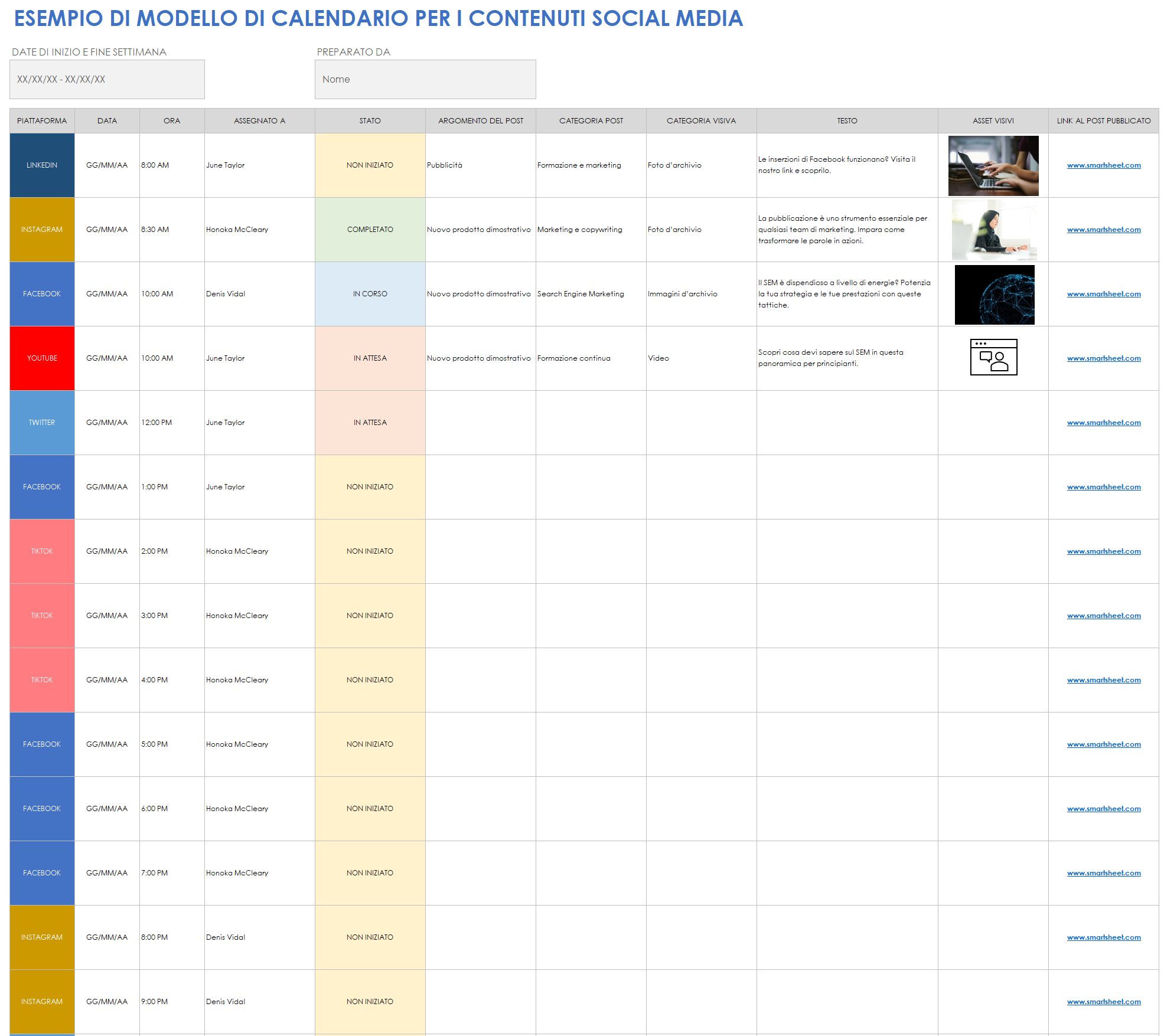  Modello di esempio di calendario dei contenuti dei social media