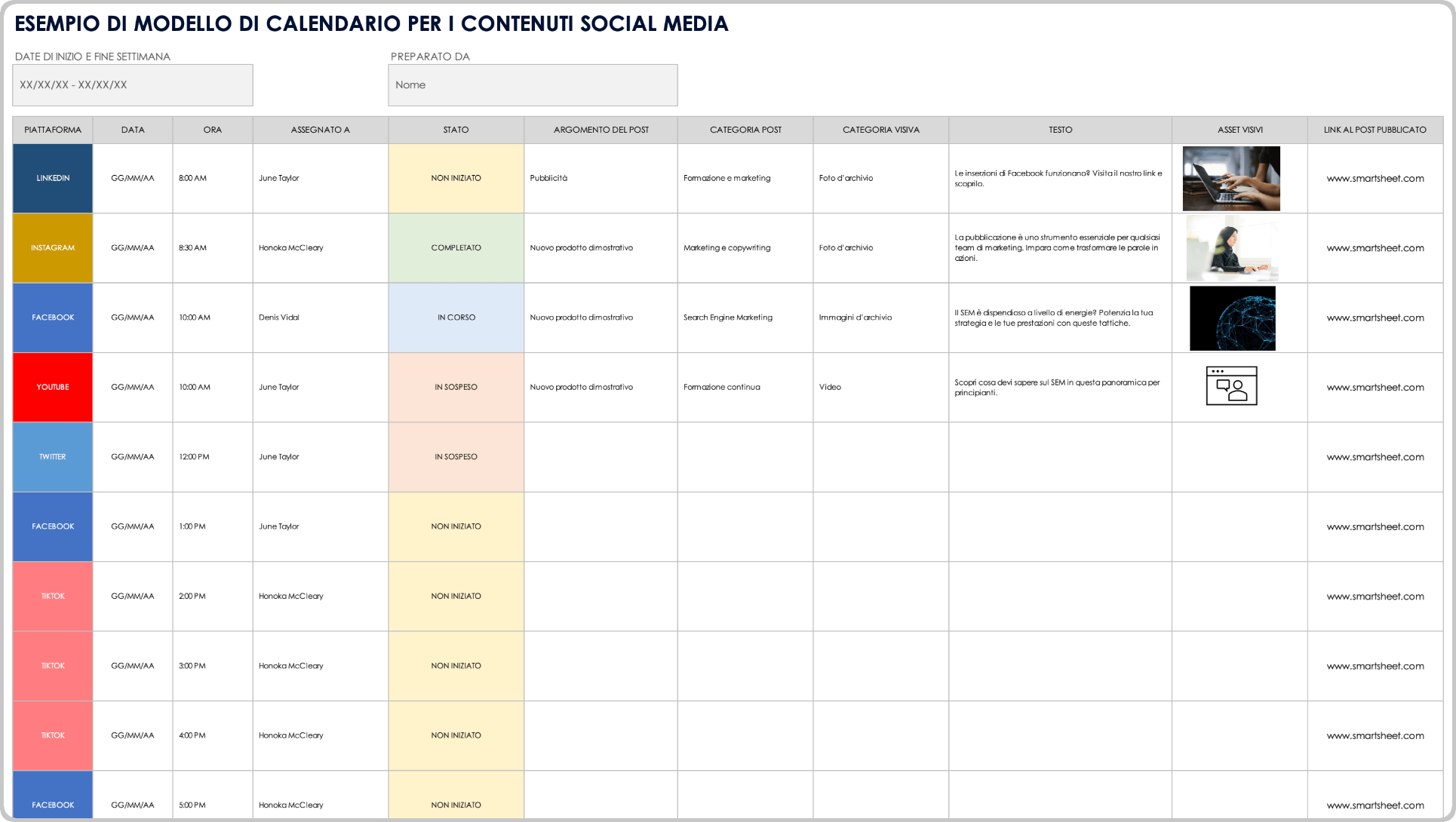 Esempio di modello di calendario dei contenuti dei social media