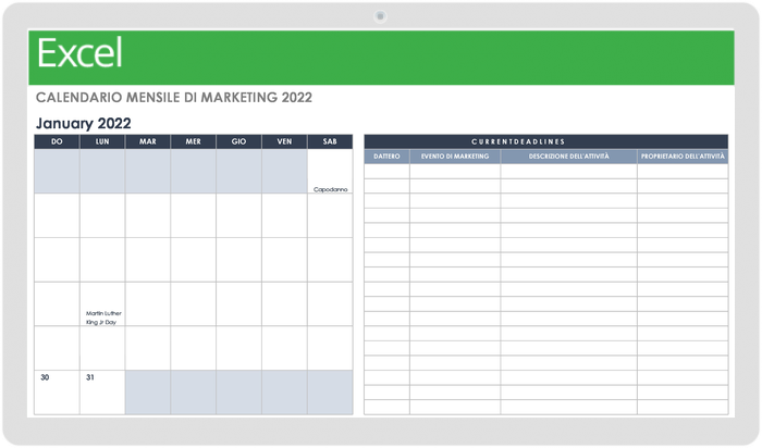  Modello di calendario di marketing mensile 2022