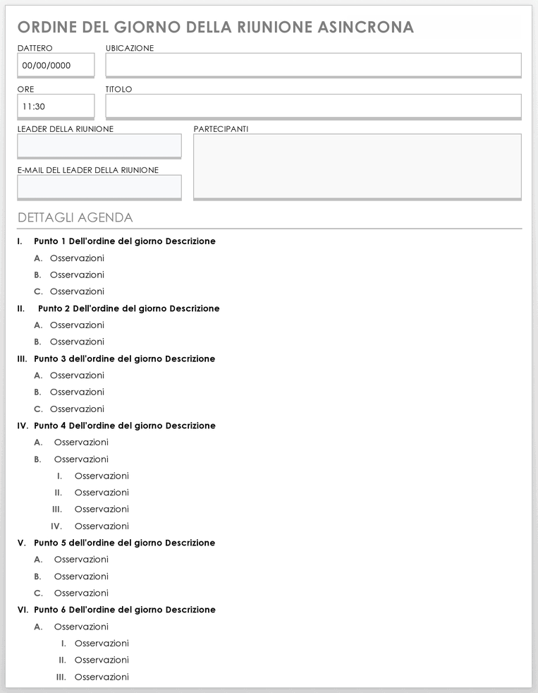  Modello di agenda per riunioni asincrone