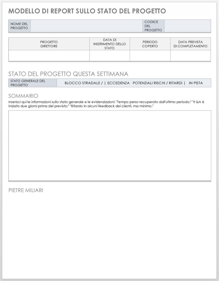 Modello di rapporto sullo stato del progetto