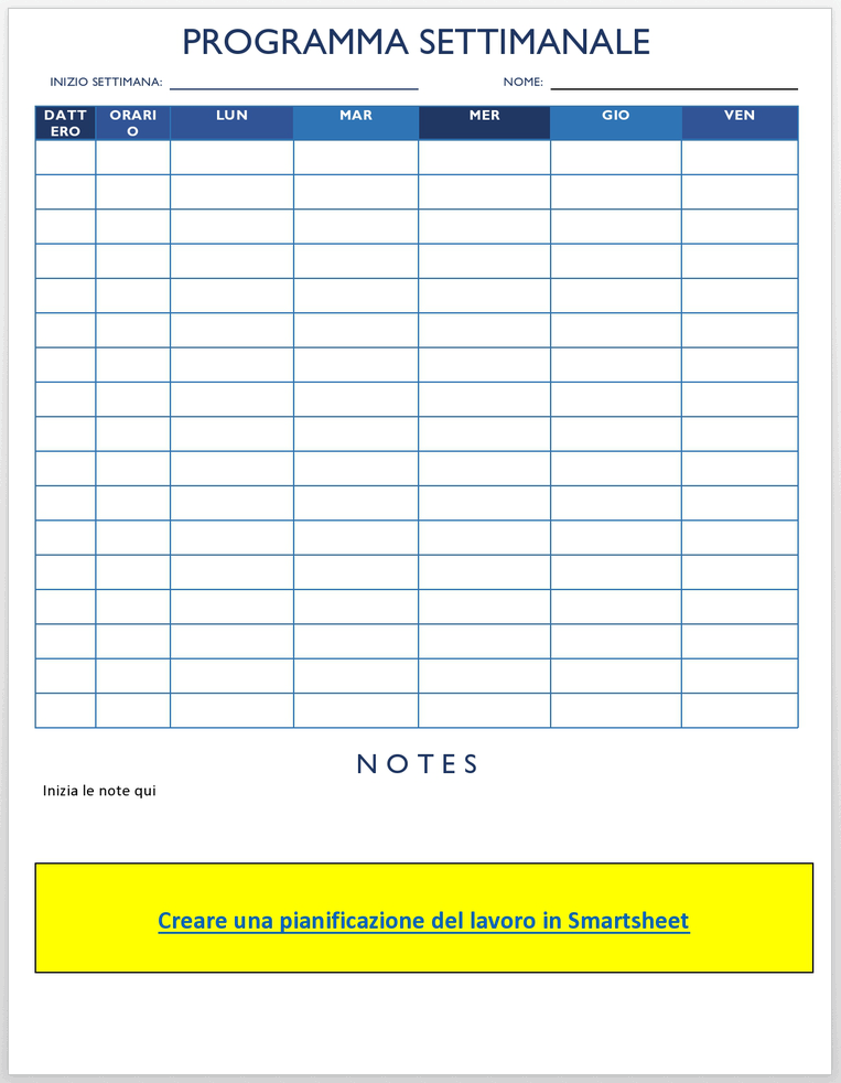 Programma di lavoro 5 giorni con modello di note